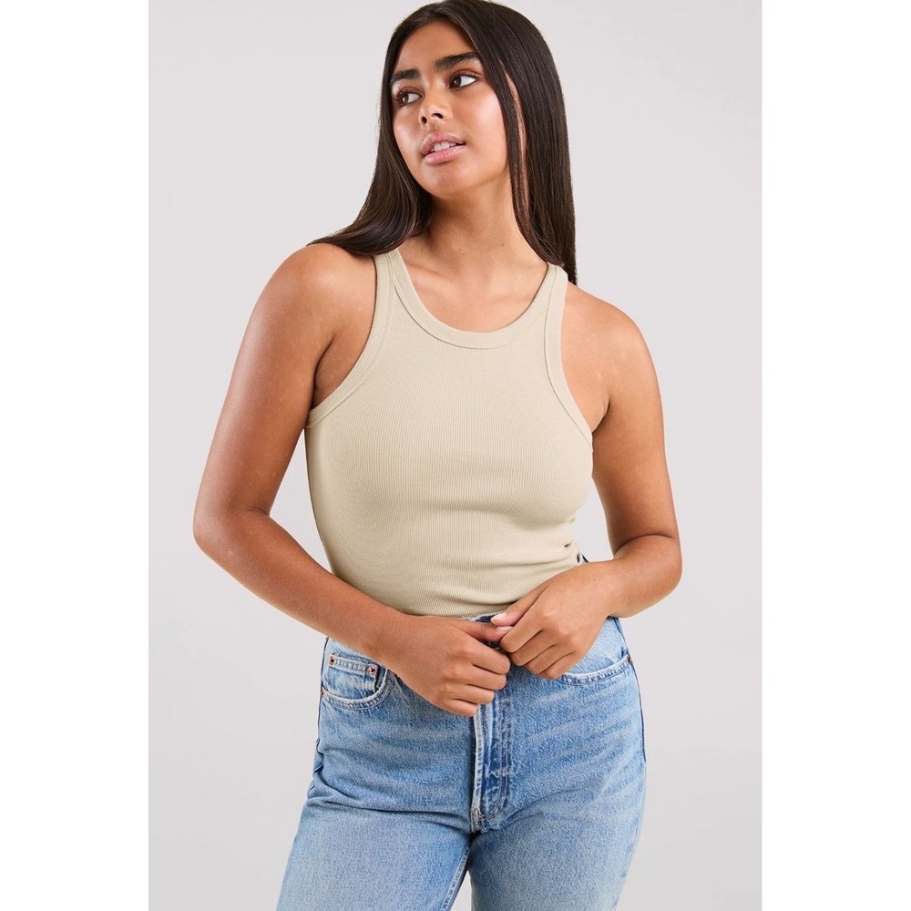 Nuuds Womens Ribbed High Neck Tank Top Sand Beige Cotton Blend XS Quiet Luxury